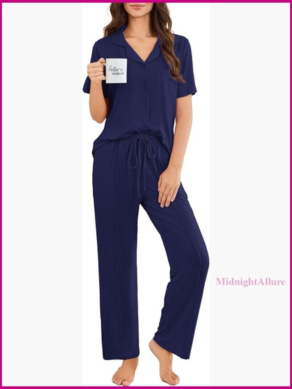 Women's 2 Piece Pajama Set Short Sleeve Button Down Top Long Pants with Pockets